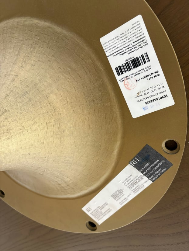 Rh Aero Bistro Table "” 42" Round Brown Oak Top | Antiqued Brass Pedestal Base - 12