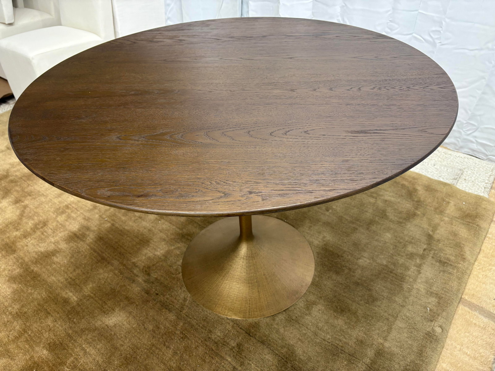 Rh Aero Bistro Table "” 42" Round Brown Oak Top | Antiqued Brass Pedestal Base - 15