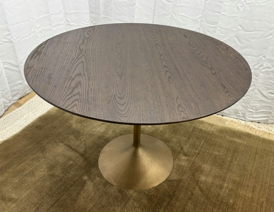 Rh Aero Bistro Table "” 42" Round Brown Oak Top | Antiqued Brass Pedestal Base - 17