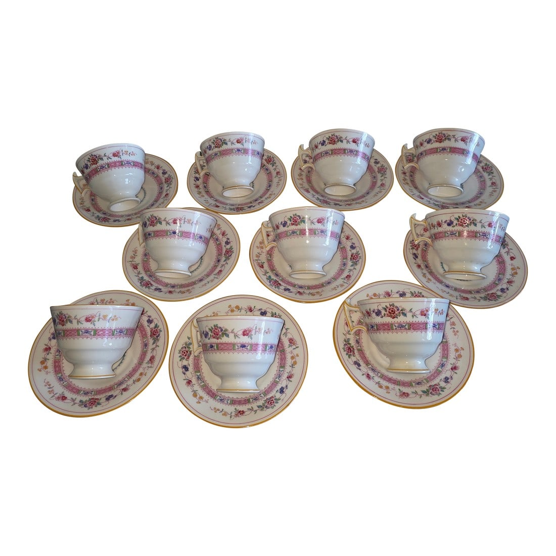 Antique Royal Doulton Footed Cups and Saucers Pattern E4630: Traditional English Antique Footed Cups and Saucers by Royal Doulton Pattern number E4630. Ten cups and ten saucers. Condition: Alterations: Original Condition Unaltered Imperfections: Some Imperfecti