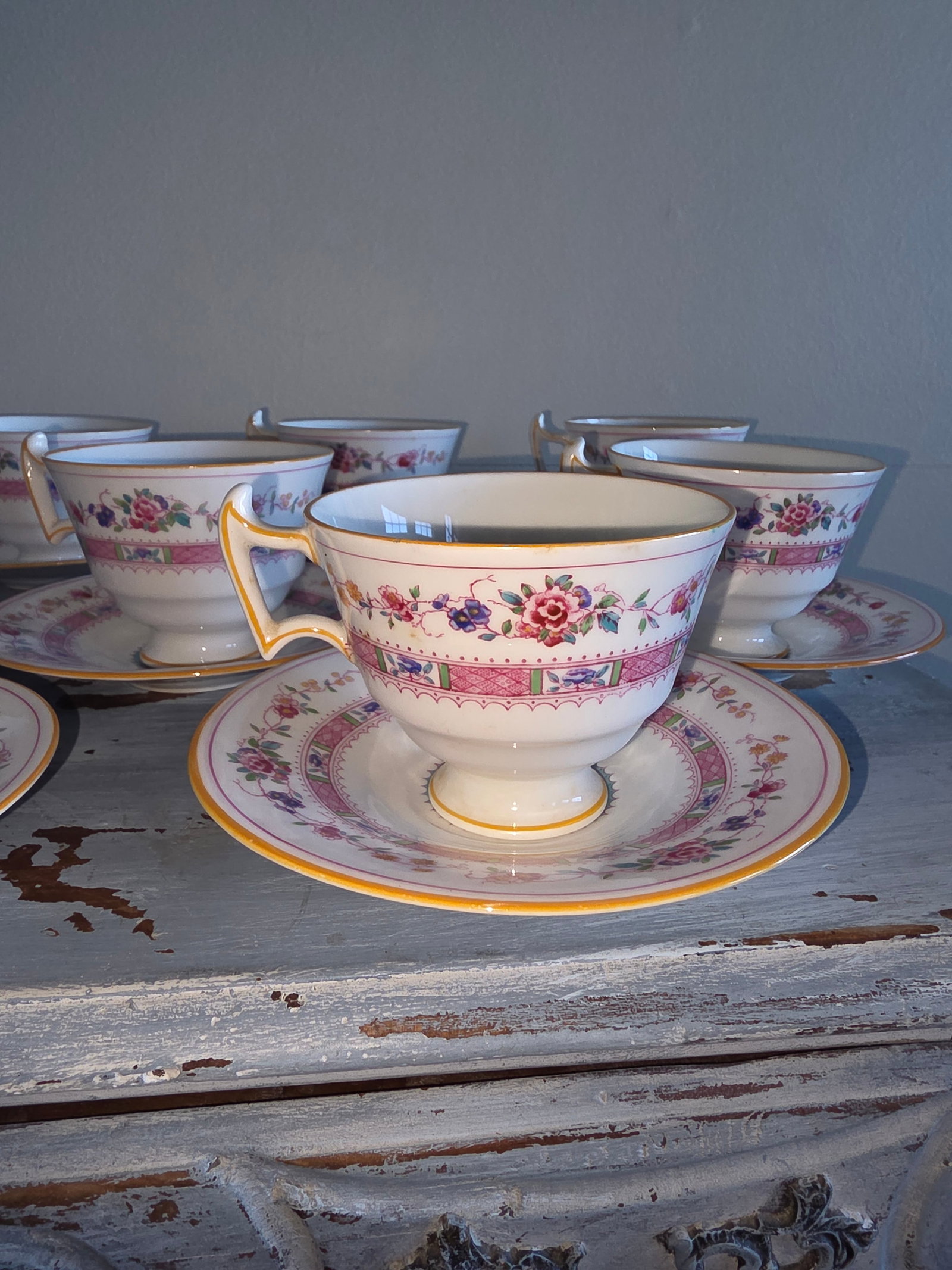 Antique Royal Doulton Footed Cups and Saucers Pattern E4630 - 2