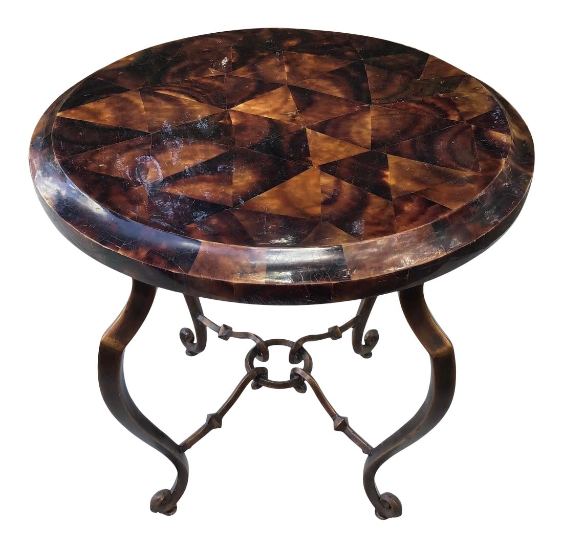 Regency Style Round Faux Tortoise Iron Base Side Table: Handsome side tables in faux tortoise shell finish and gilt metal. High Quality Iron Base Table Round Faux Tessellated Tortoise Top. The color of the faux tortoise shell is very rich and the gilt of t
