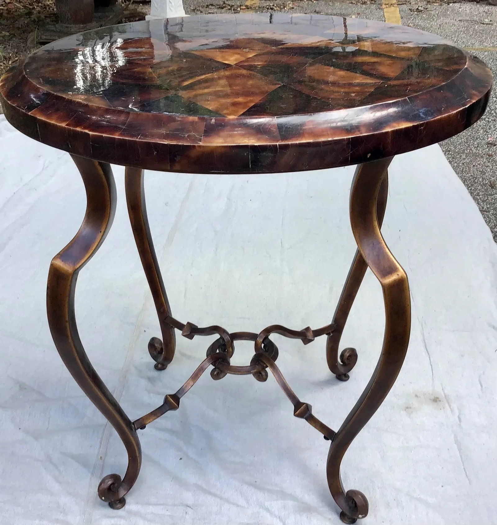 Regency Style Round Faux Tortoise Iron Base Side Table - 2