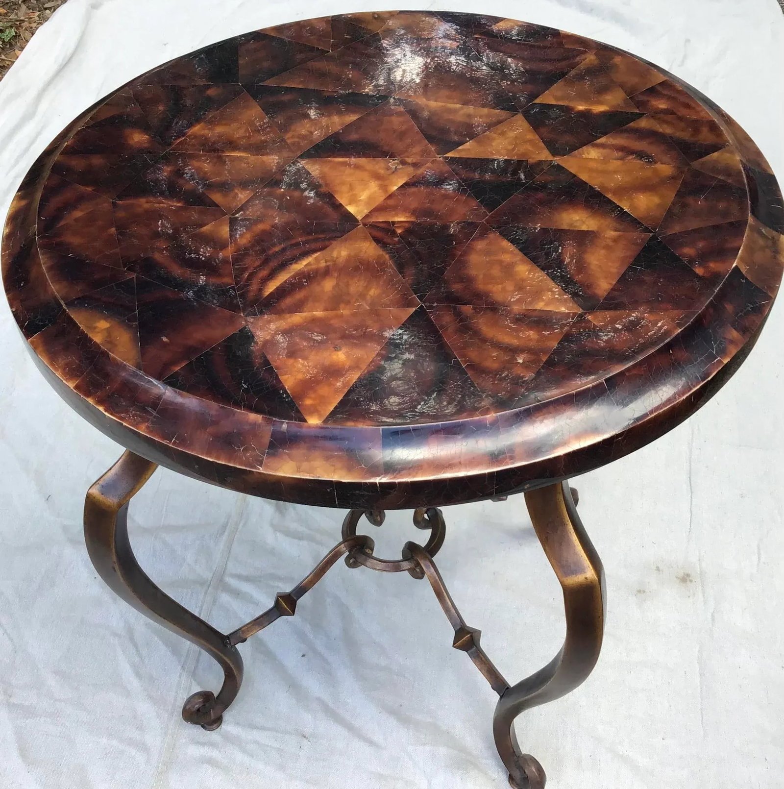 Regency Style Round Faux Tortoise Iron Base Side Table - 3