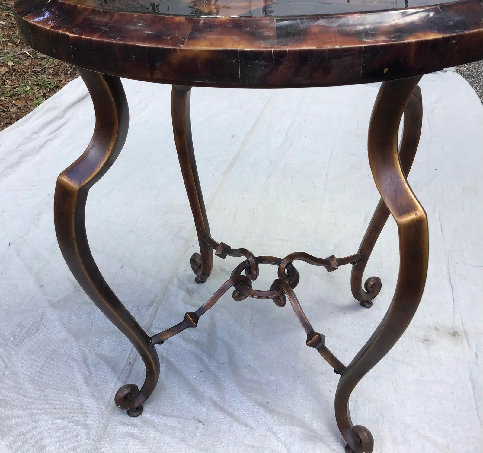 Regency Style Round Faux Tortoise Iron Base Side Table - 6
