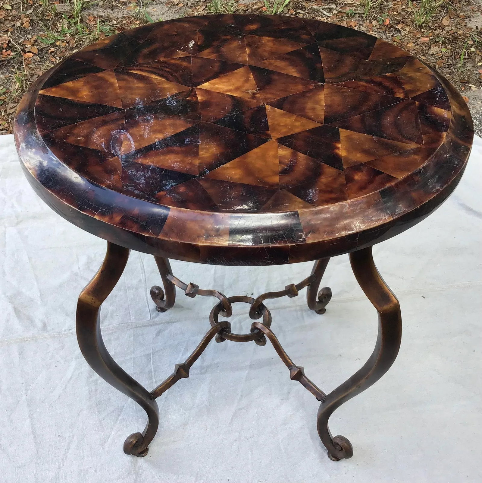 Regency Style Round Faux Tortoise Iron Base Side Table - 7