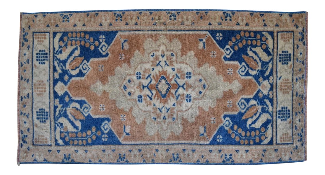 Vintage Hand Knotted Small Turkish Oushak Rug Doormat Entryway Decor - 1"²8"³ ×: Vintage Turkish Hand-Knotted Small Rug from Oushak, 1970s. Authentic mini village mat featuring camel-tan tones and mid-blue Anatolian motifs "” perfect for doorways or kitchen corners. This cha