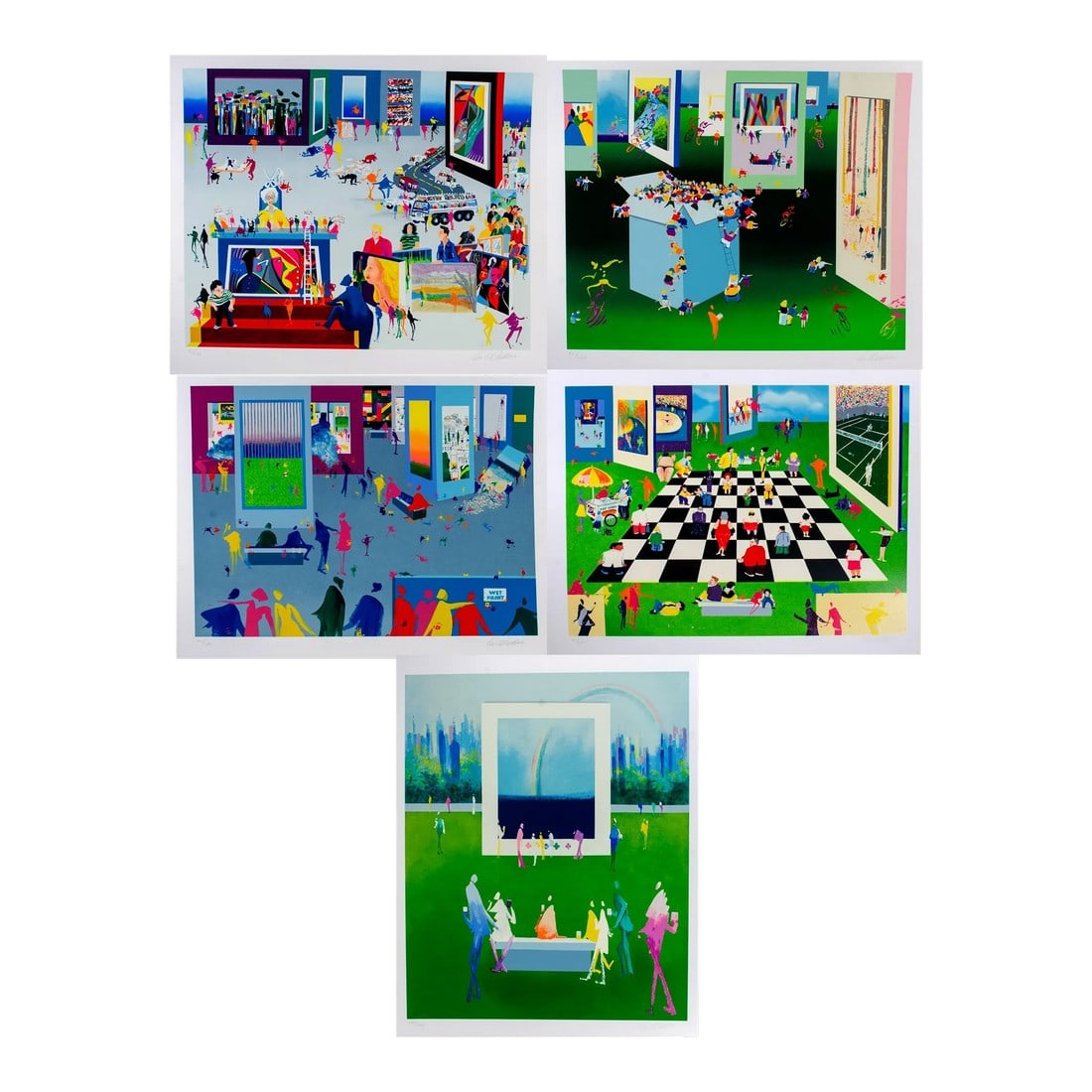 Leo Posillico Serigraphs - Lot of 17: A lot of 17 Leo Posillico serigraphs. signed and numbered paper size approximately 36 by 32 with a few slightly smaller 4) checkerboard 4) people in the blue box 4) red stairs, bus 3) wet paint 2) ver