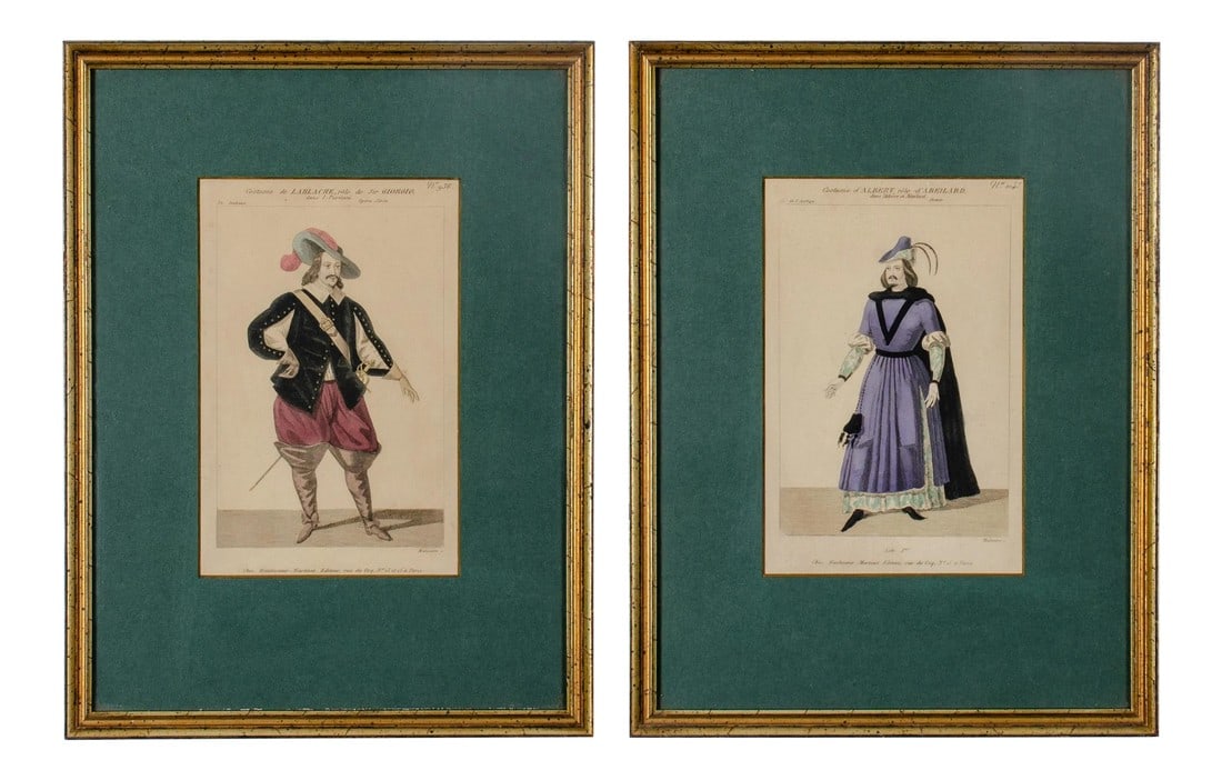 French Costume Engravings, Martinet C.1830s - a Pair: A pair of hand-colored engravings from Hautecoeur Martinet's Petite galerie dramatique, ou, Recueil de différents costumes 'acteurs des théâtres de la capital, Paris, c.1830. The