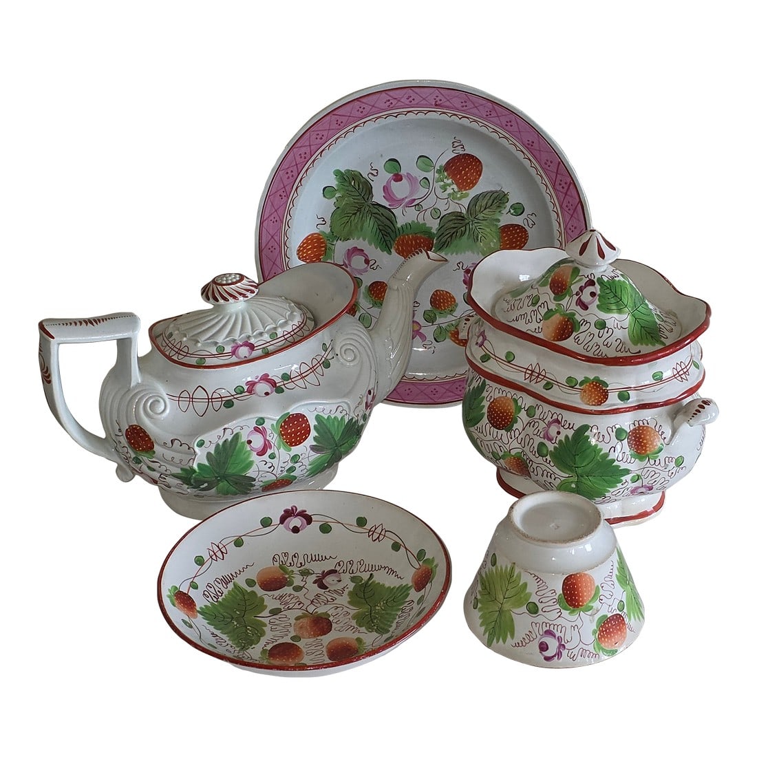 Group of English Pearlware Strawberry and Vine: Group of Staffordshire pearlware strawberry and vine pattern. Condition: Alterations: Original Condition Unaltered Imperfections: Some Imperfections Condition Notes: Chip on lid of the teapot....minor