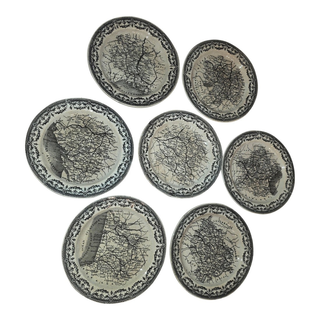 Sarreguemines French Faience Map Plates: Rare collection of antique French Transferware map plates made by Sarreguemines. Condition: Alterations: Original Condition Unaltered Imperfections: Some Imperfections Condition Notes: These have fine