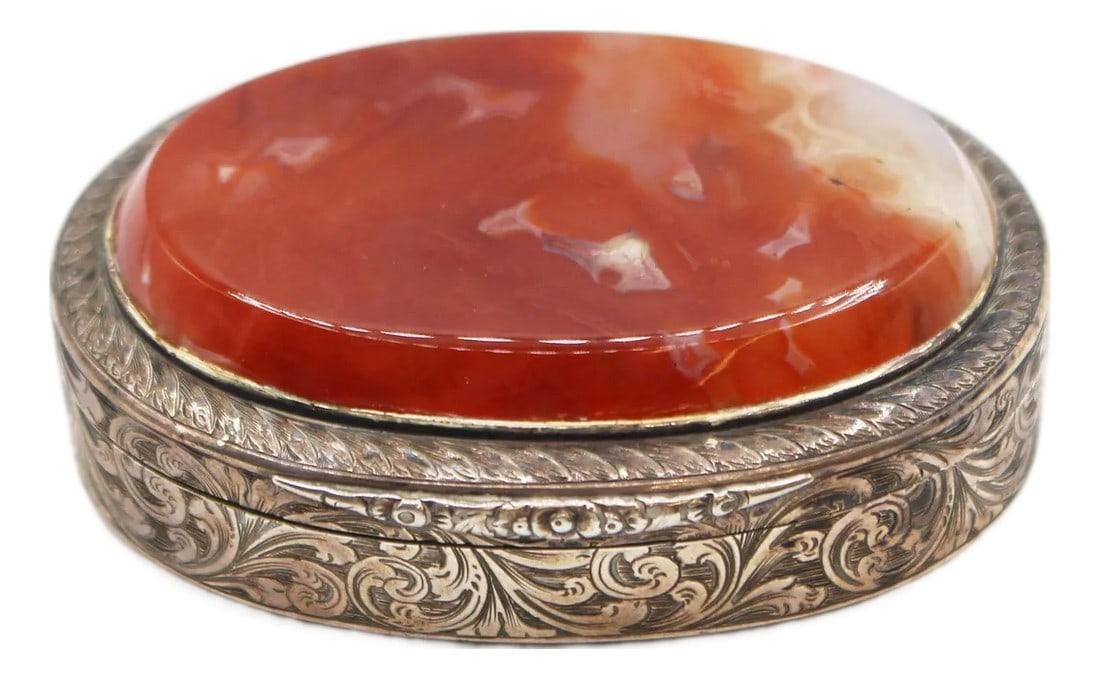 1851 English Agate & Sterling Silver Oval Box (1 of 8)