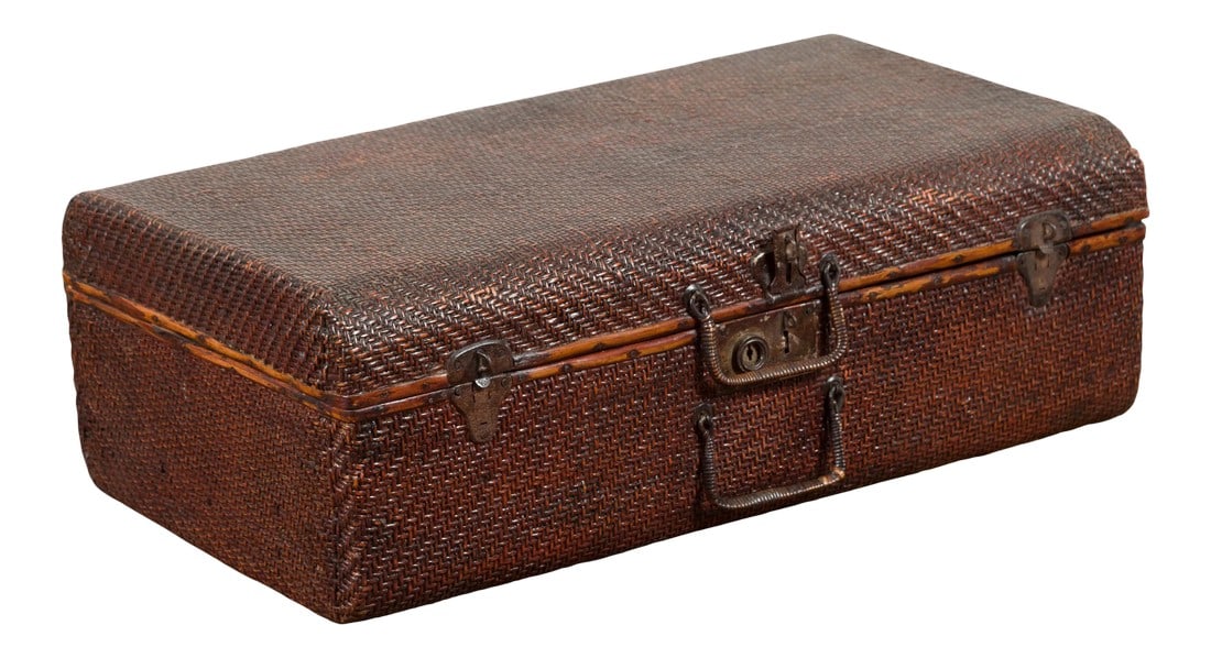 Thai 19th Century Woven Rattan over Wood Carrying Case with Painted Interior: An antique Thai rattan over wood carrying case from the 19th century, with scroll-painted interior. Created in Thailand during the 19th century, this antique carrying case features a rattan bound