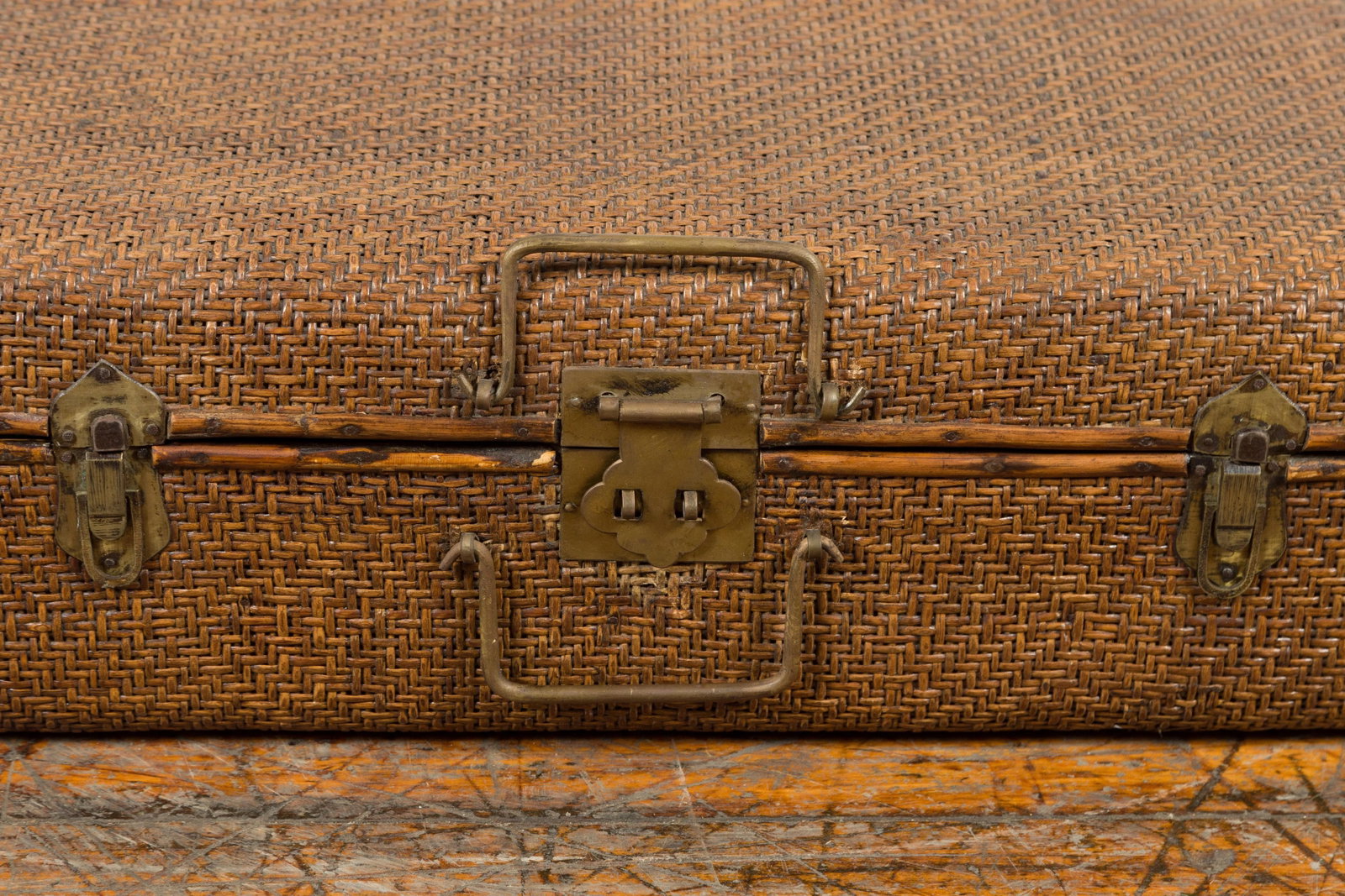 Indian Vintage Bamboo and Woven Rattan Suitcase with Brass Hardware - 11