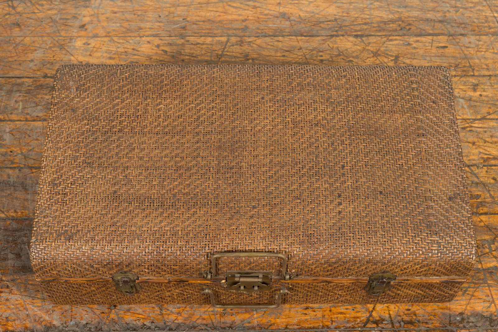 Indian Vintage Bamboo and Woven Rattan Suitcase with Brass Hardware - 12
