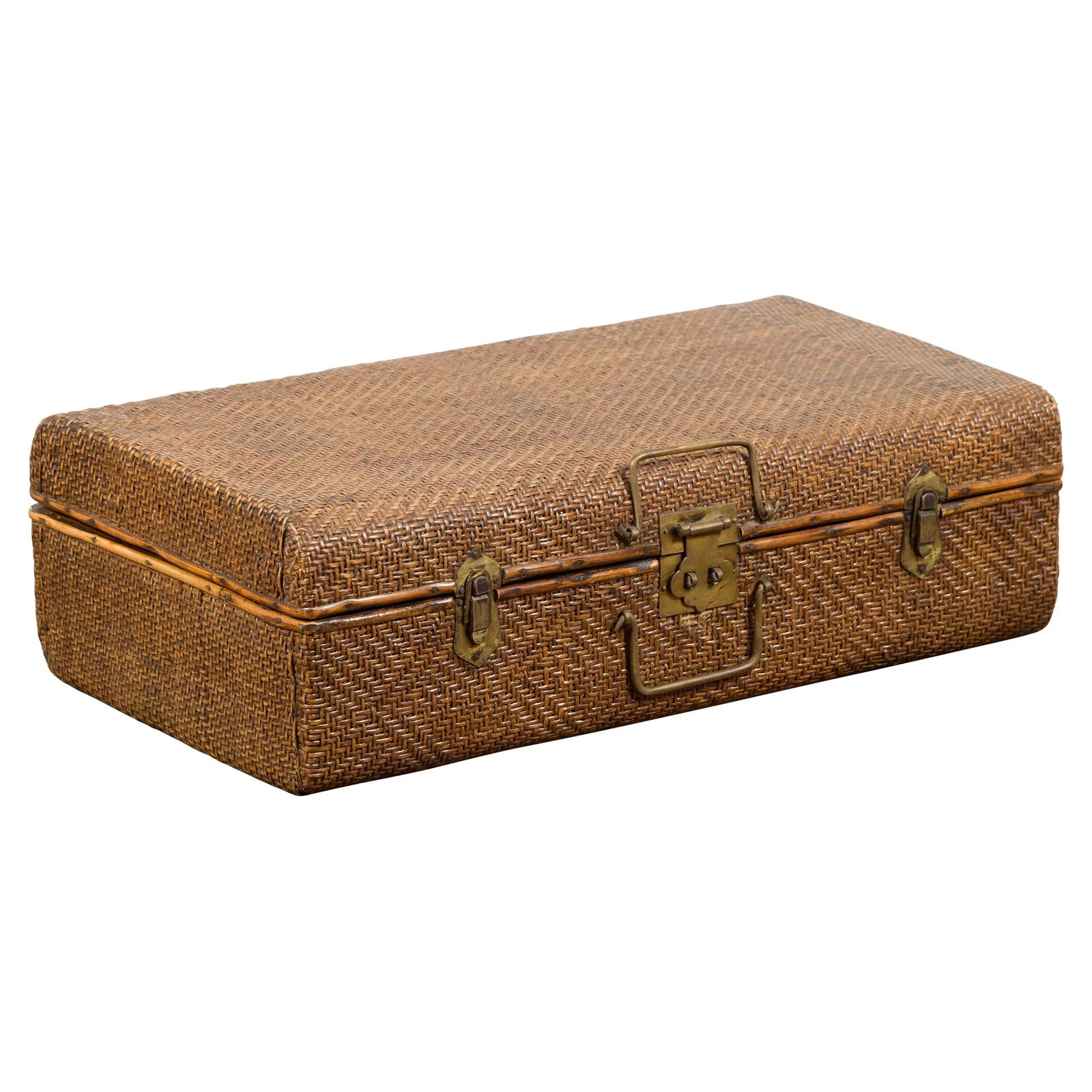 Indian Vintage Bamboo and Woven Rattan Suitcase with Brass Hardware - 13