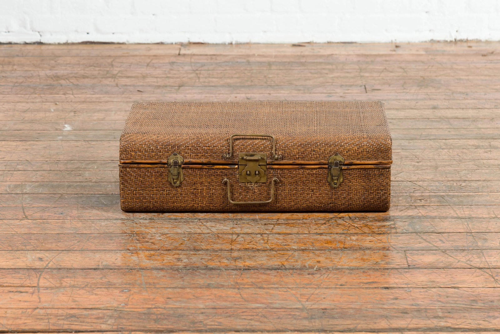 Indian Vintage Bamboo and Woven Rattan Suitcase with Brass Hardware - 2