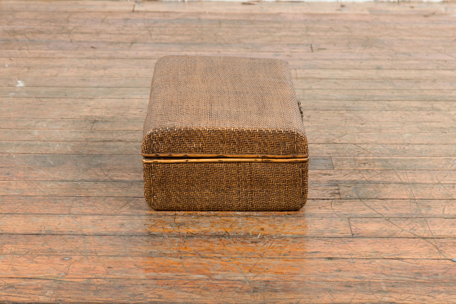 Indian Vintage Bamboo and Woven Rattan Suitcase with Brass Hardware - 3