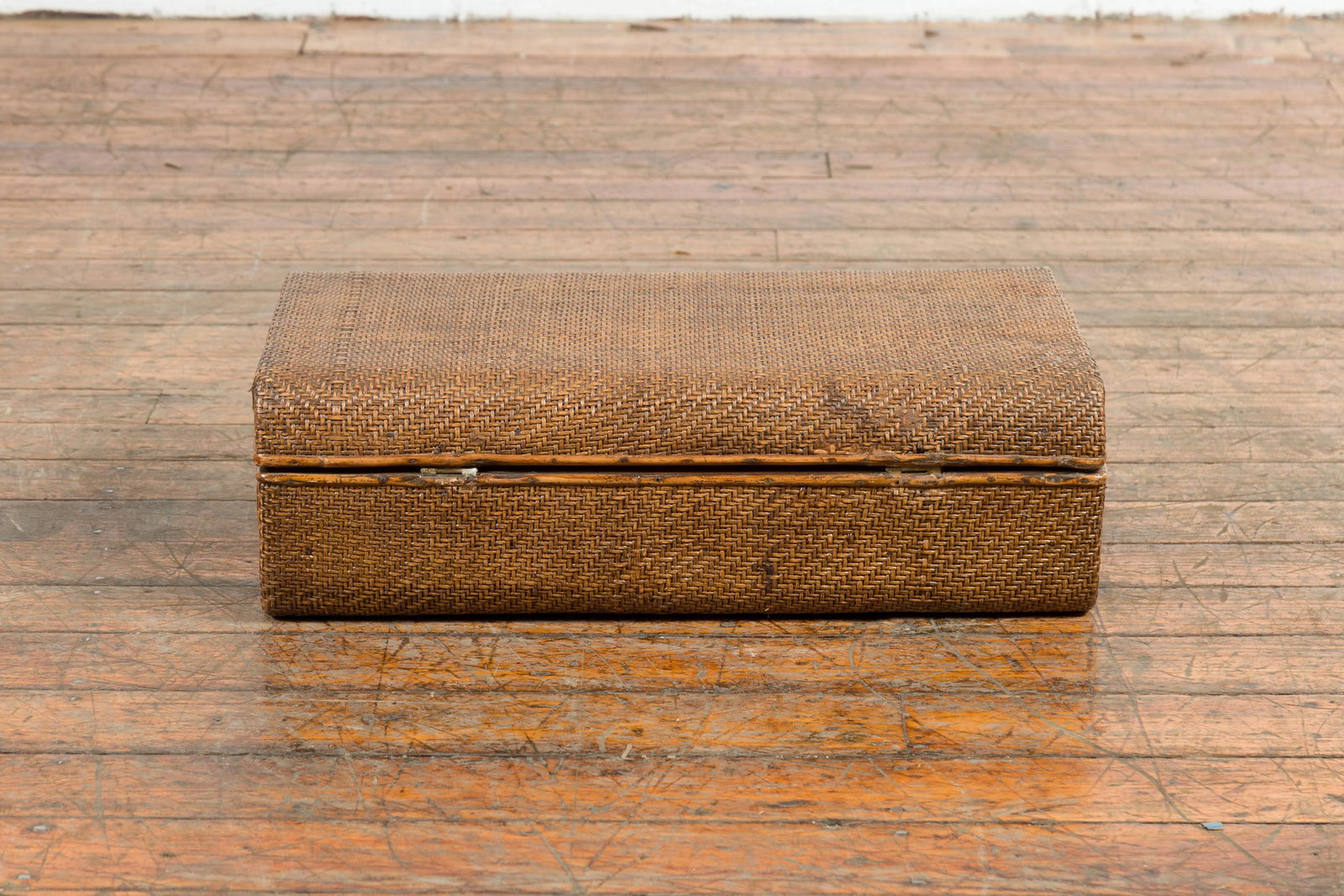 Indian Vintage Bamboo and Woven Rattan Suitcase with Brass Hardware - 4