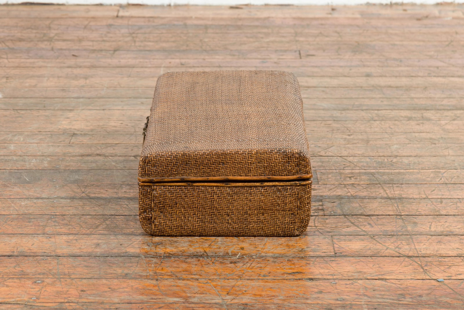 Indian Vintage Bamboo and Woven Rattan Suitcase with Brass Hardware - 5