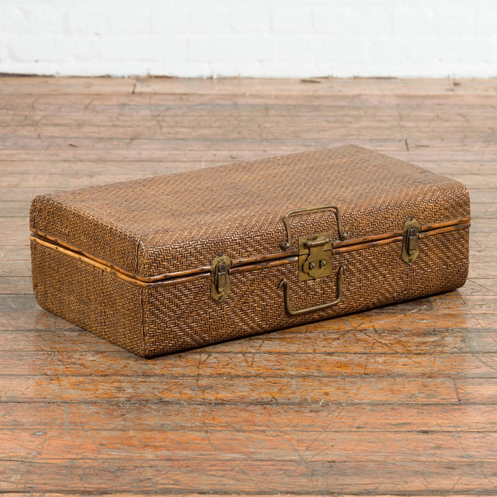 Indian Vintage Bamboo and Woven Rattan Suitcase with Brass Hardware - 6