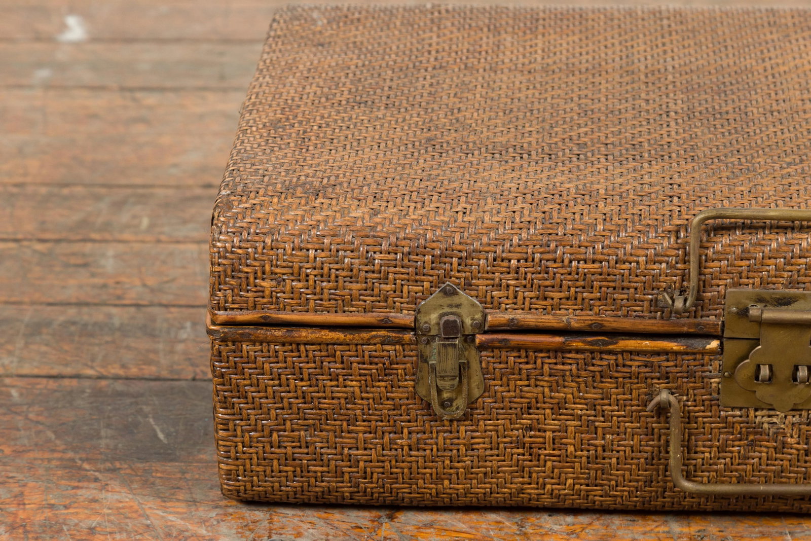 Indian Vintage Bamboo and Woven Rattan Suitcase with Brass Hardware - 9