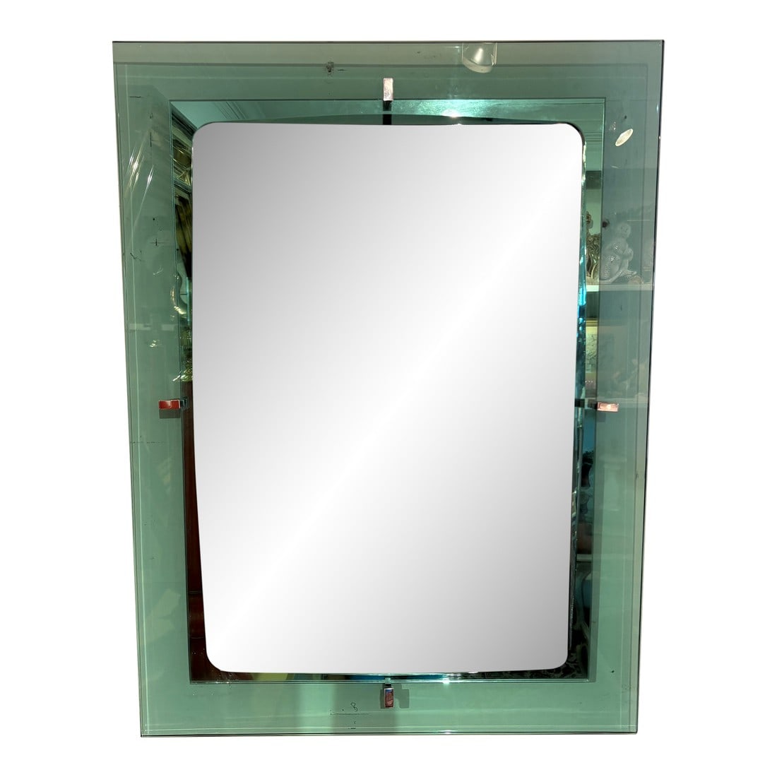 Italian Modern Fontana Arte Inspired Mirror: Italian Modern Fontana Arte Inspired Mirror. Offered is a stunning rectangular beveled mirror in the spirit of Fontana Arte. This mirror has a beautiful shapely green glass border with an inset