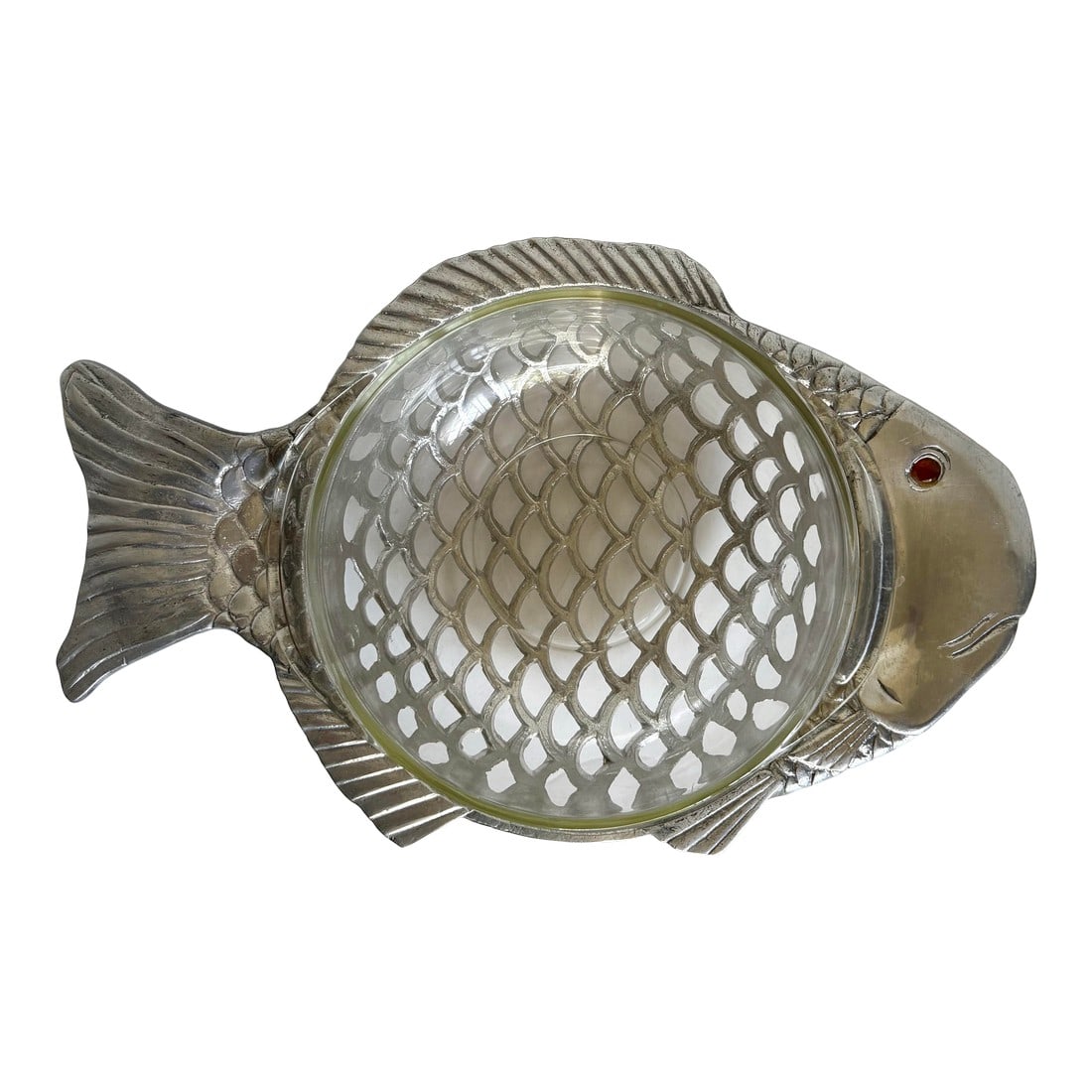 1981 Arthur Court Figurative Fish Serving Bowl With Pyrex Glass Insert: This vintage figural serving bowl was designed by Arthur Court and dates to 1981, as indicated by the mark on the underside. The piece features a sculptural fish form in cast aluminum with detailed