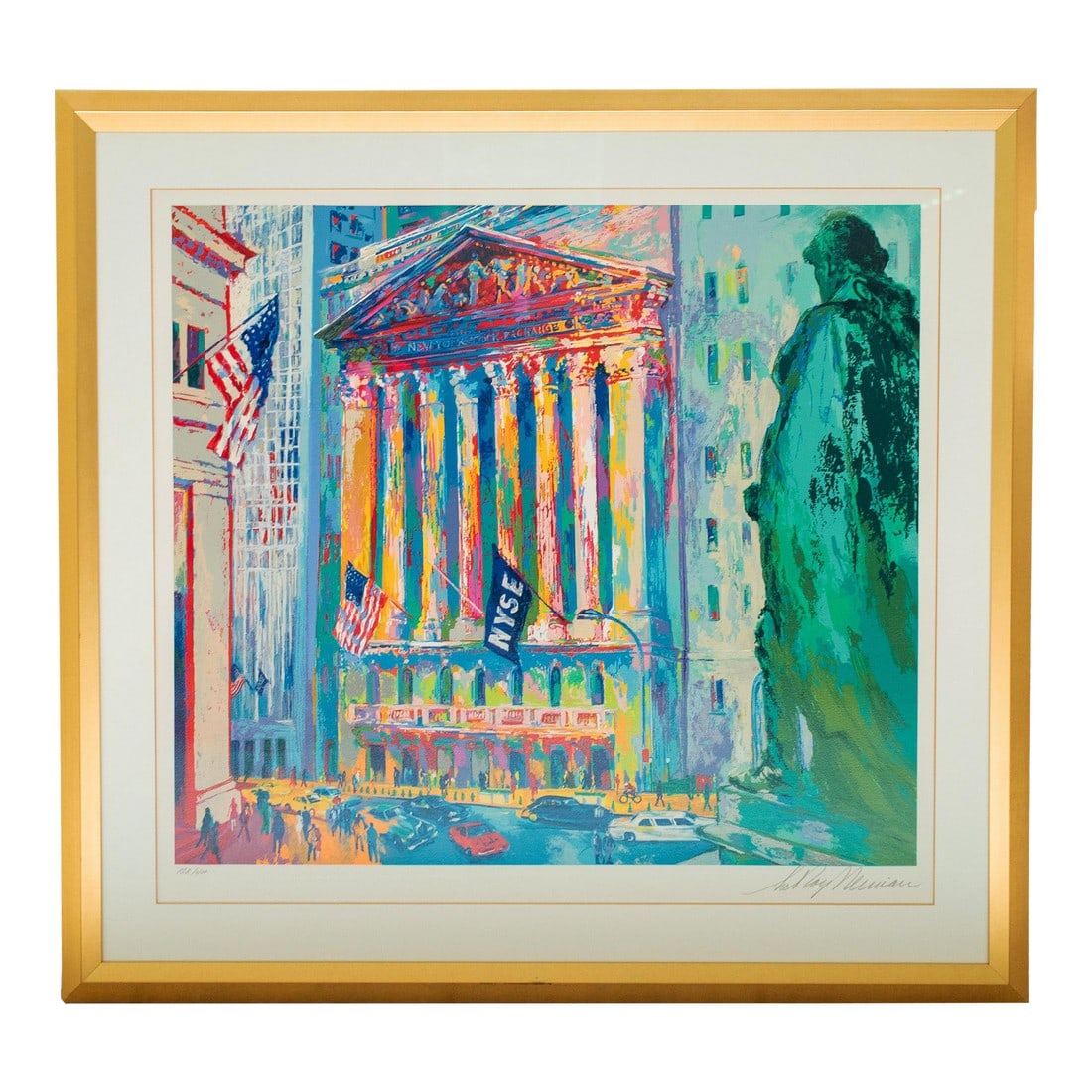 1980s LeRoy Neiman - New York Stock Exchange (Wall Street), Signed Limited Edition Serigraph: Color serigraph on paper depicting the New York Stock Exchange building on Wall Street with American flags and the statue of George Washington in the foreground. Signed in pencil by the artist lower