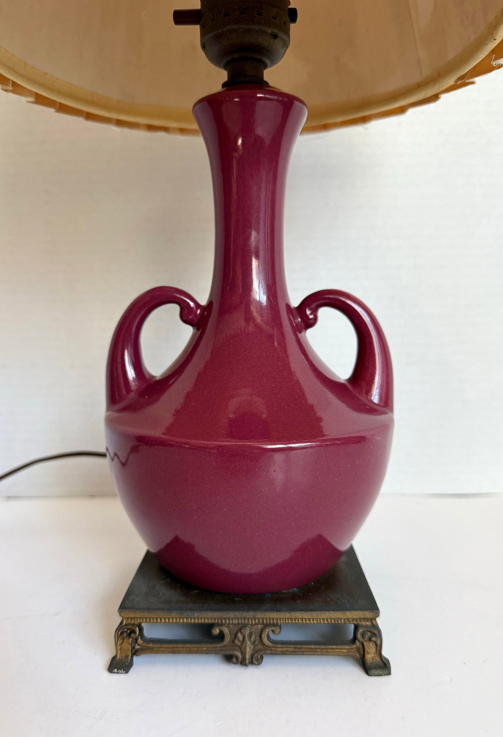 Vintage Burgundy Glazed Ceramic Amphora Double Handle Table Lamp With Pleated Shade - 2