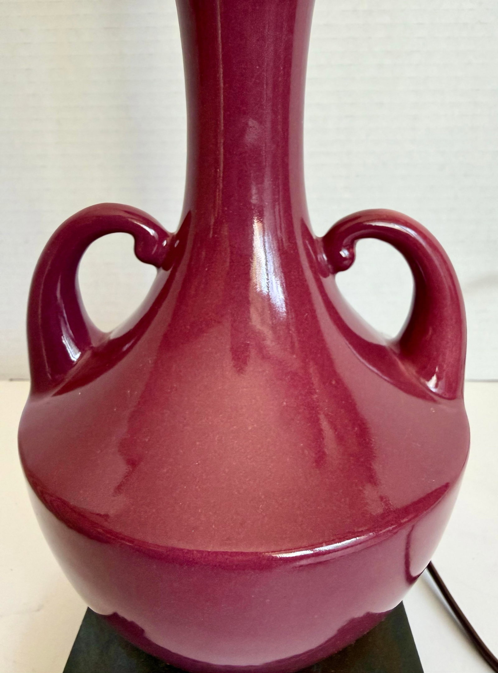 Vintage Burgundy Glazed Ceramic Amphora Double Handle Table Lamp With Pleated Shade - 3