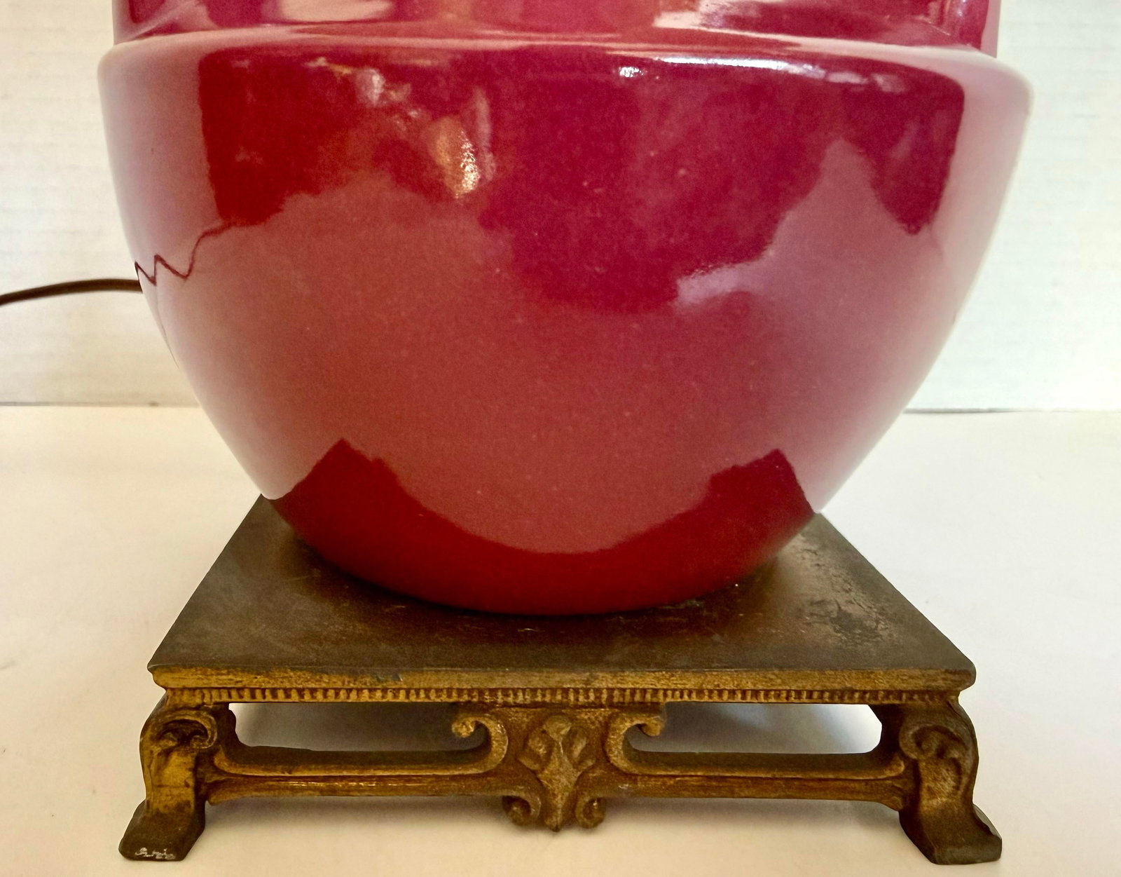 Vintage Burgundy Glazed Ceramic Amphora Double Handle Table Lamp With Pleated Shade - 4