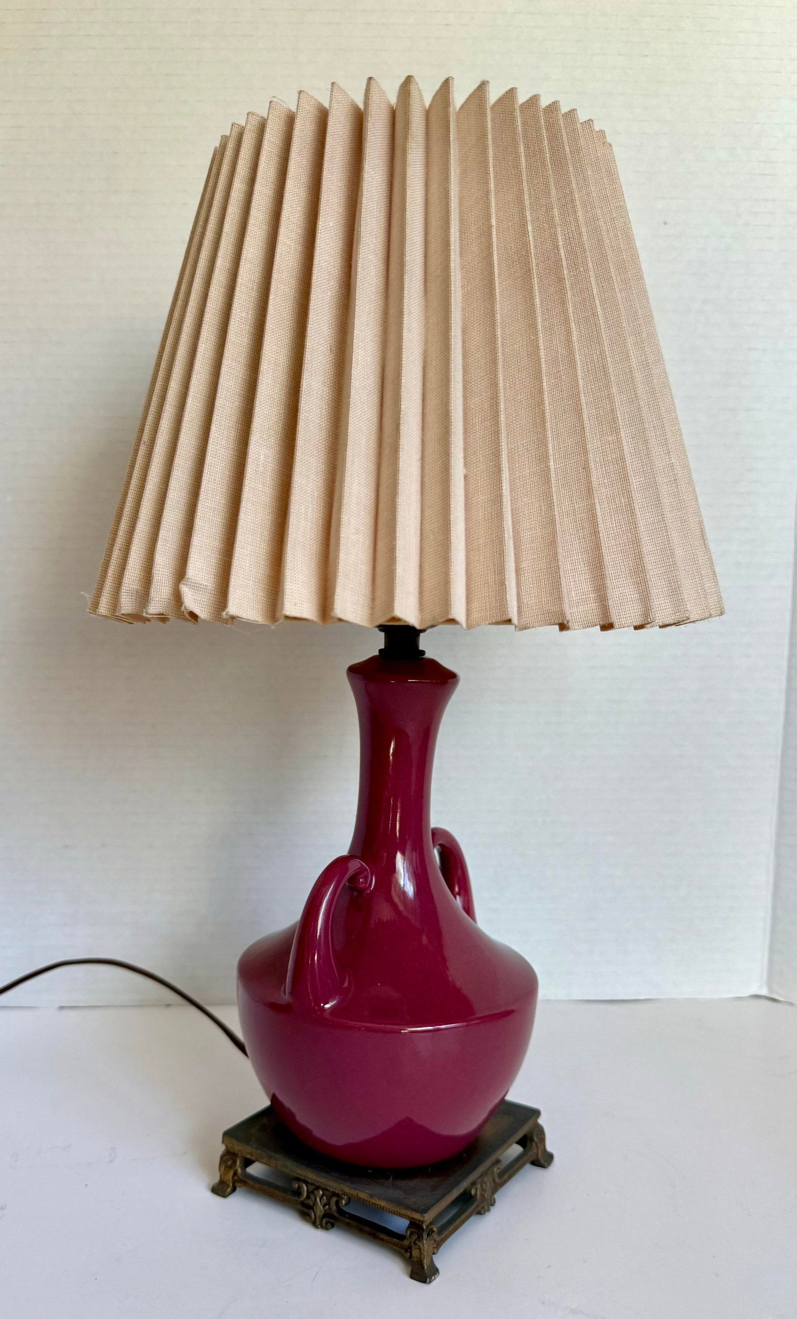 Vintage Burgundy Glazed Ceramic Amphora Double Handle Table Lamp With Pleated Shade - 5