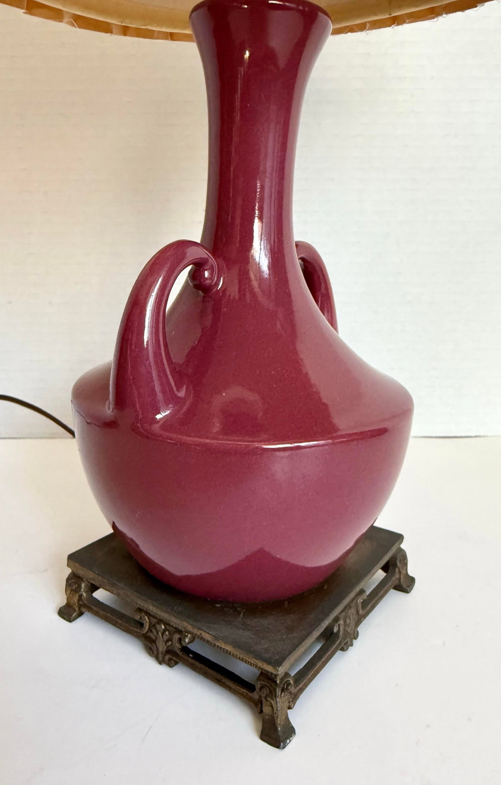 Vintage Burgundy Glazed Ceramic Amphora Double Handle Table Lamp With Pleated Shade - 6