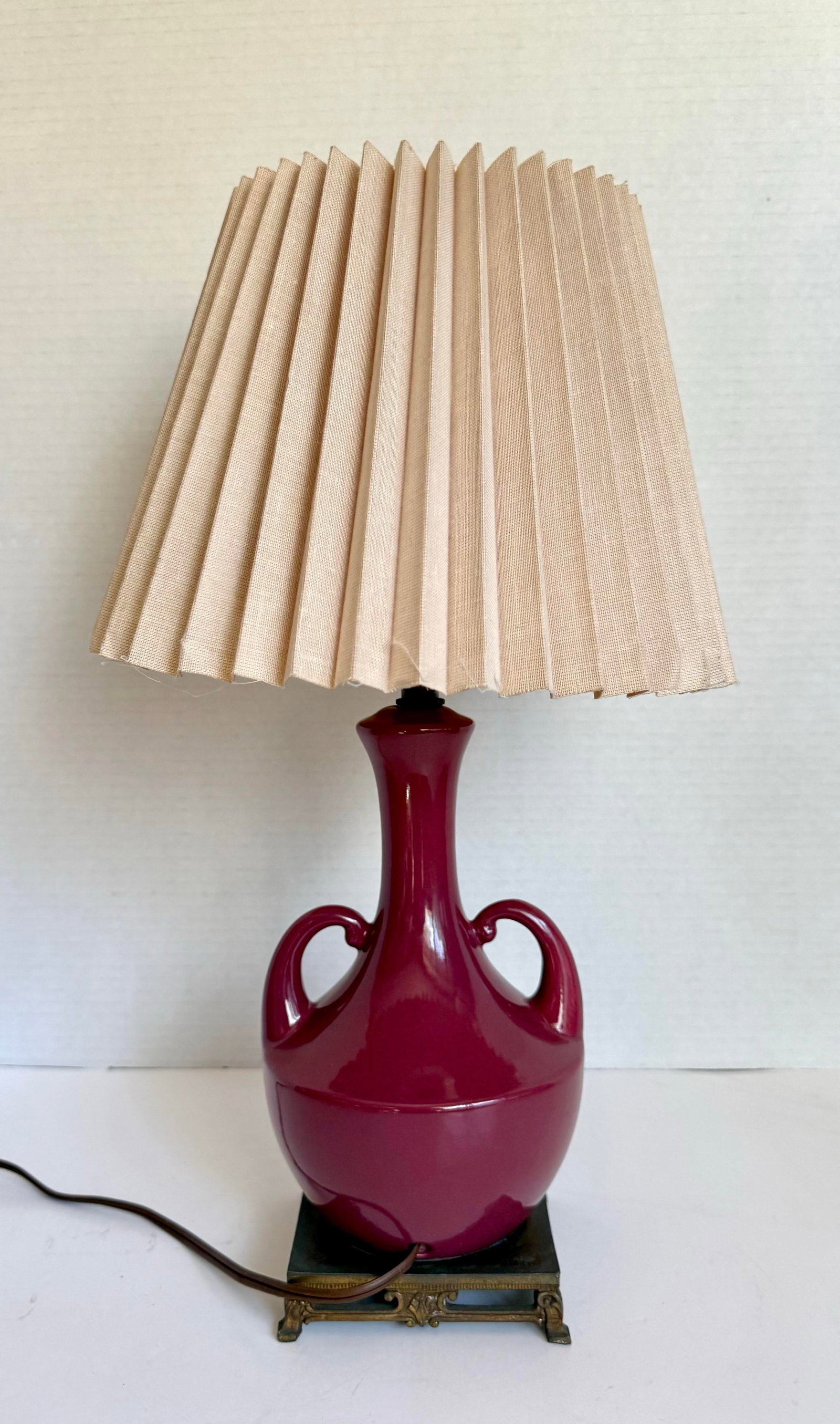 Vintage Burgundy Glazed Ceramic Amphora Double Handle Table Lamp With Pleated Shade - 7