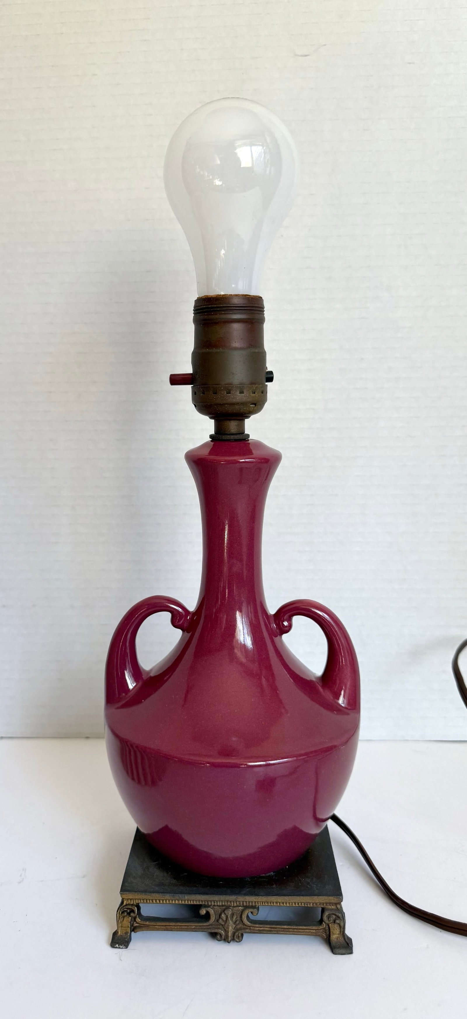 Vintage Burgundy Glazed Ceramic Amphora Double Handle Table Lamp With Pleated Shade - 8