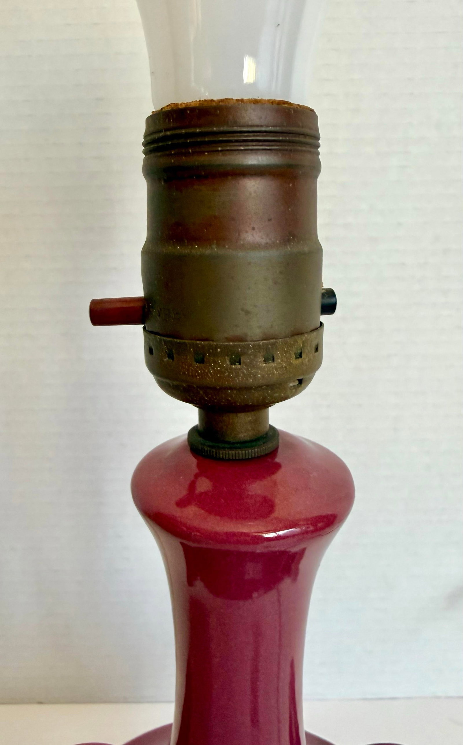 Vintage Burgundy Glazed Ceramic Amphora Double Handle Table Lamp With Pleated Shade - 9
