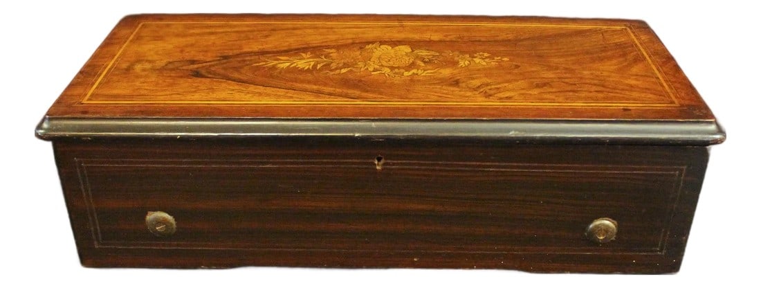 Late 19th Century Swiss Music Box by Paillard, Vaucher & Fils: Swiss music box by Paillard, Vaucher & Fils, late 19th century. Walnut veneered top with line inlays & central floral design inlay. Faux grain wood painted sides, marks & scuffs commensurate with age