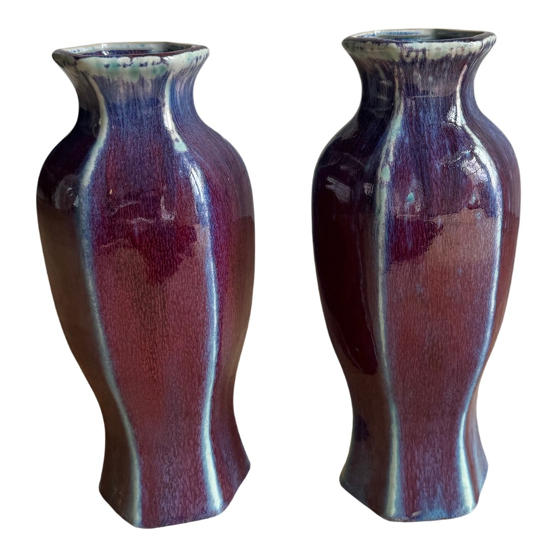 Pair of Large 13.5" Hexagonal John Shedd Studio Pottery Vases - Oxblood & Turquoise Flambé: Offered is a stunning, sophisticated pair of oversized hexagonal vases by renowned American ceramic artist John Shedd. Standing at an impressive 13.5 inches, these architectural vessels are