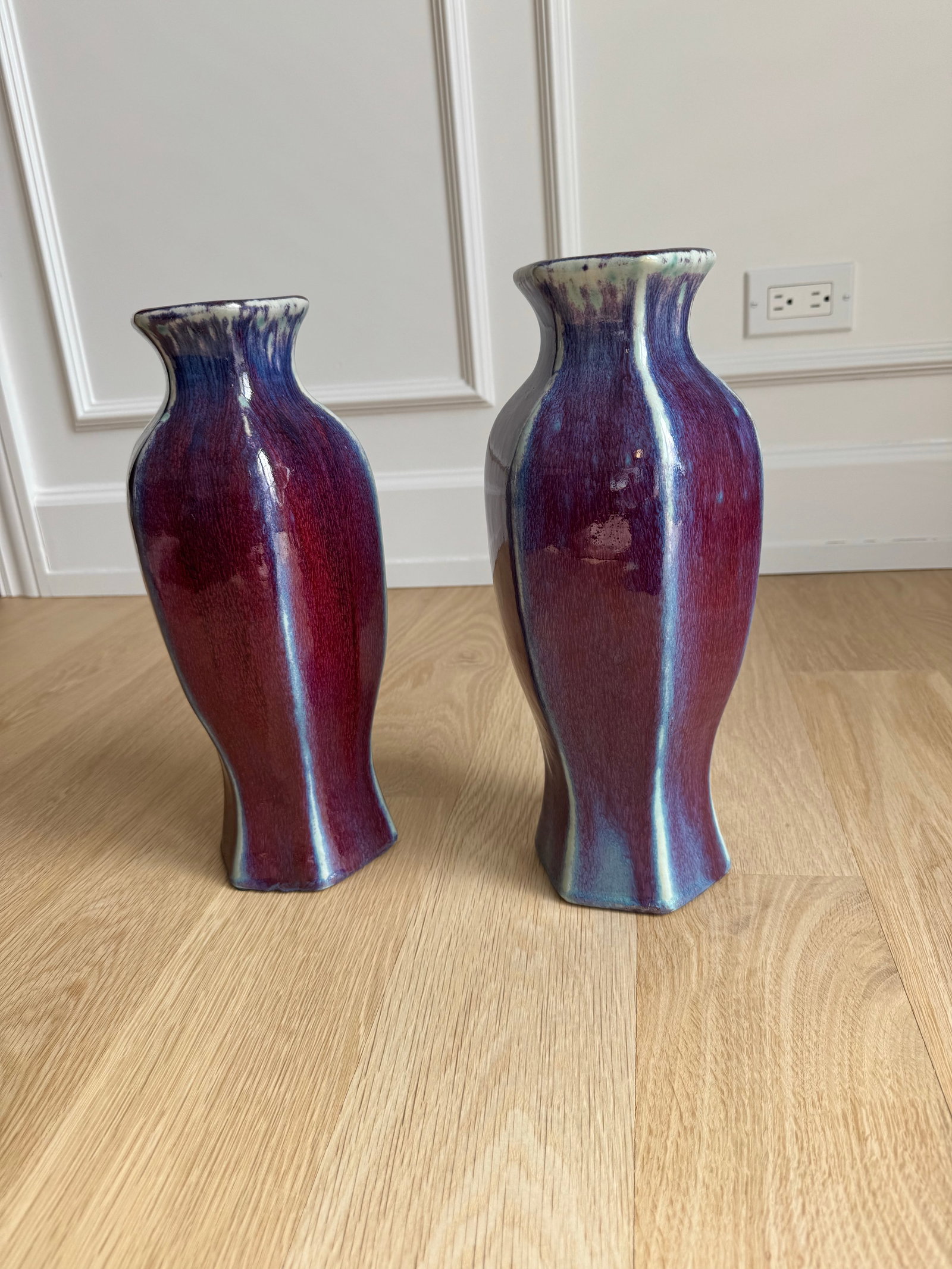 Pair of Large 13.5" Hexagonal John Shedd Studio Pottery Vases - Oxblood & Turquoise Flambé - 2