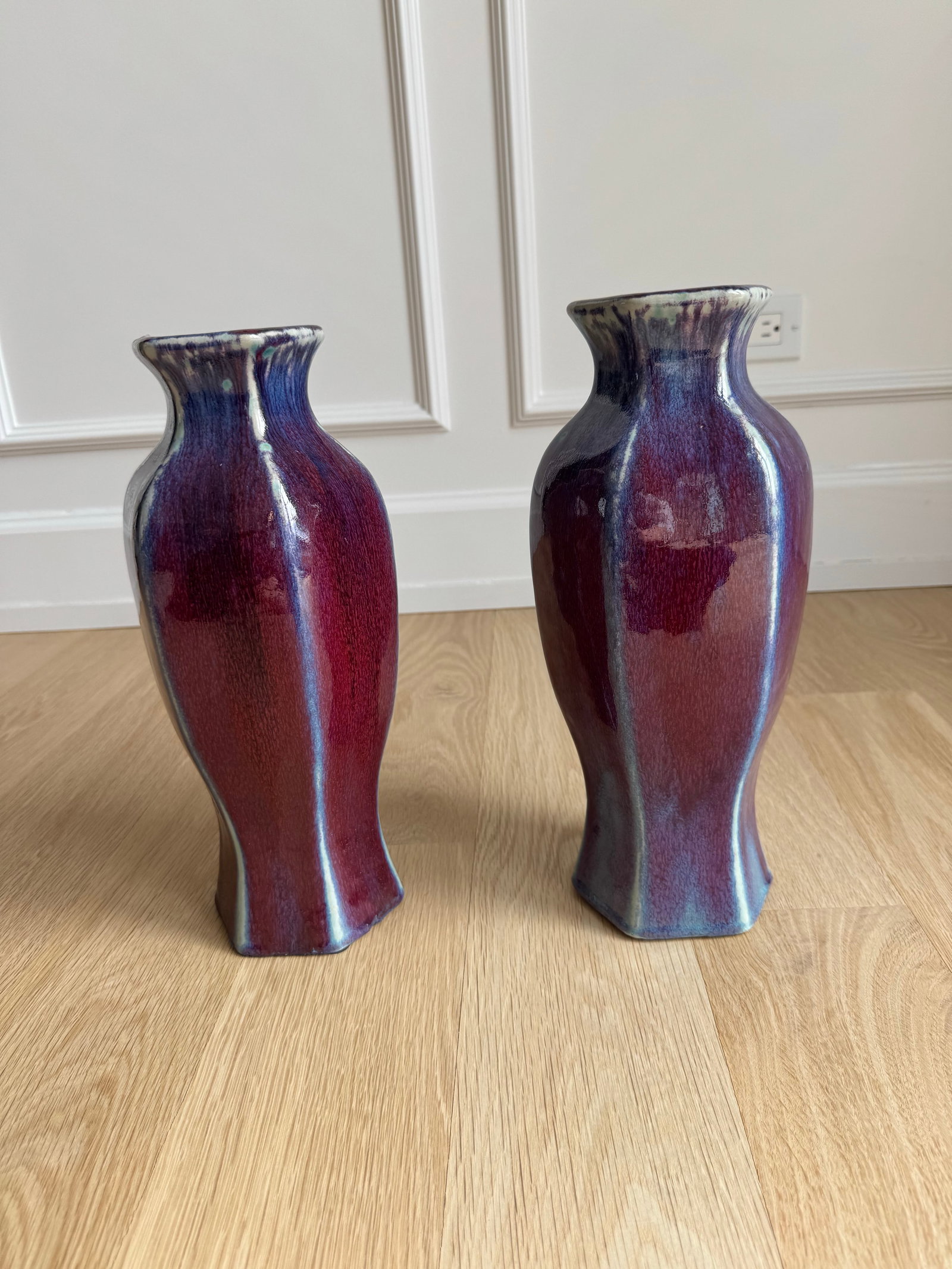 Pair of Large 13.5" Hexagonal John Shedd Studio Pottery Vases - Oxblood & Turquoise Flambé - 4