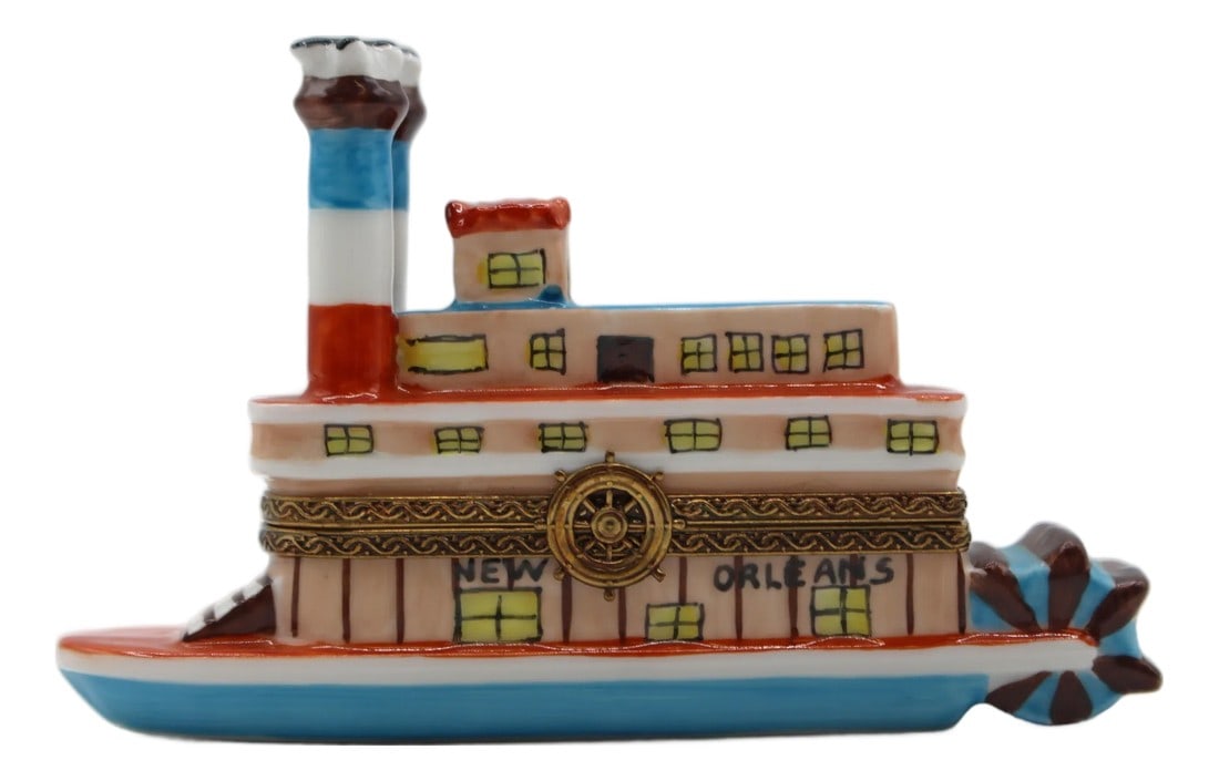 Vintage French Limoges Porcelain New Orleans Steamboat Form Trinket Box (1 of 8)