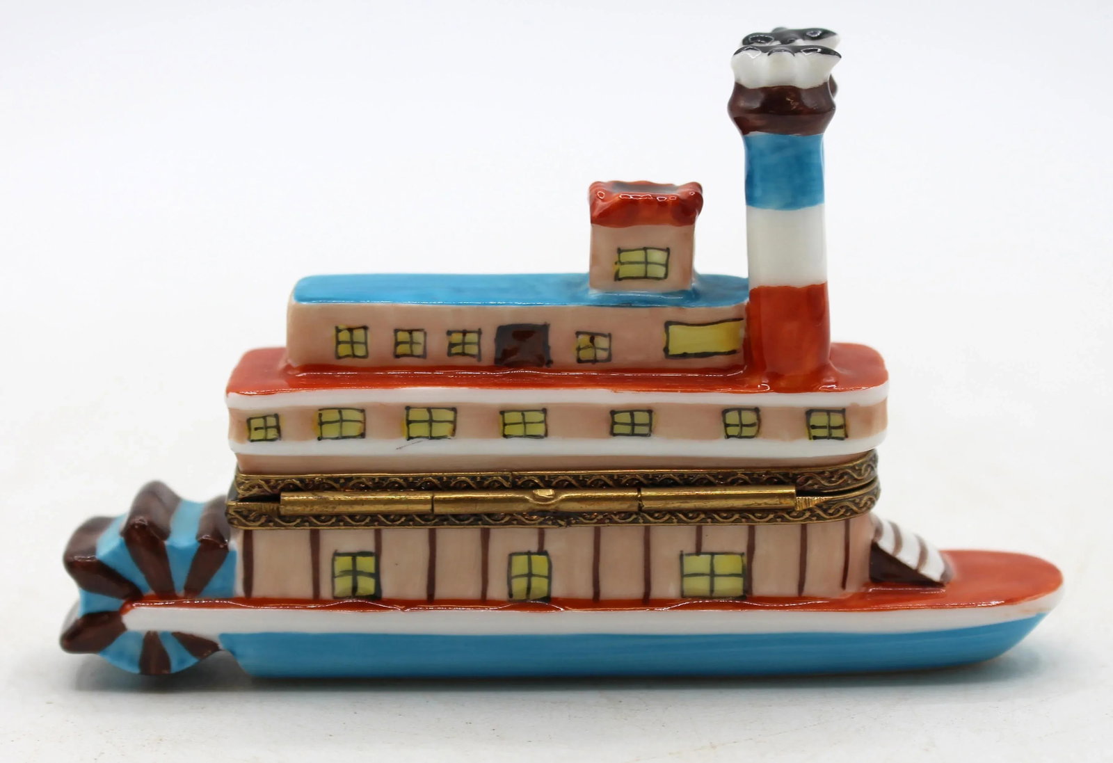 Vintage French Limoges Porcelain New Orleans Steamboat Form Trinket Box - 2
