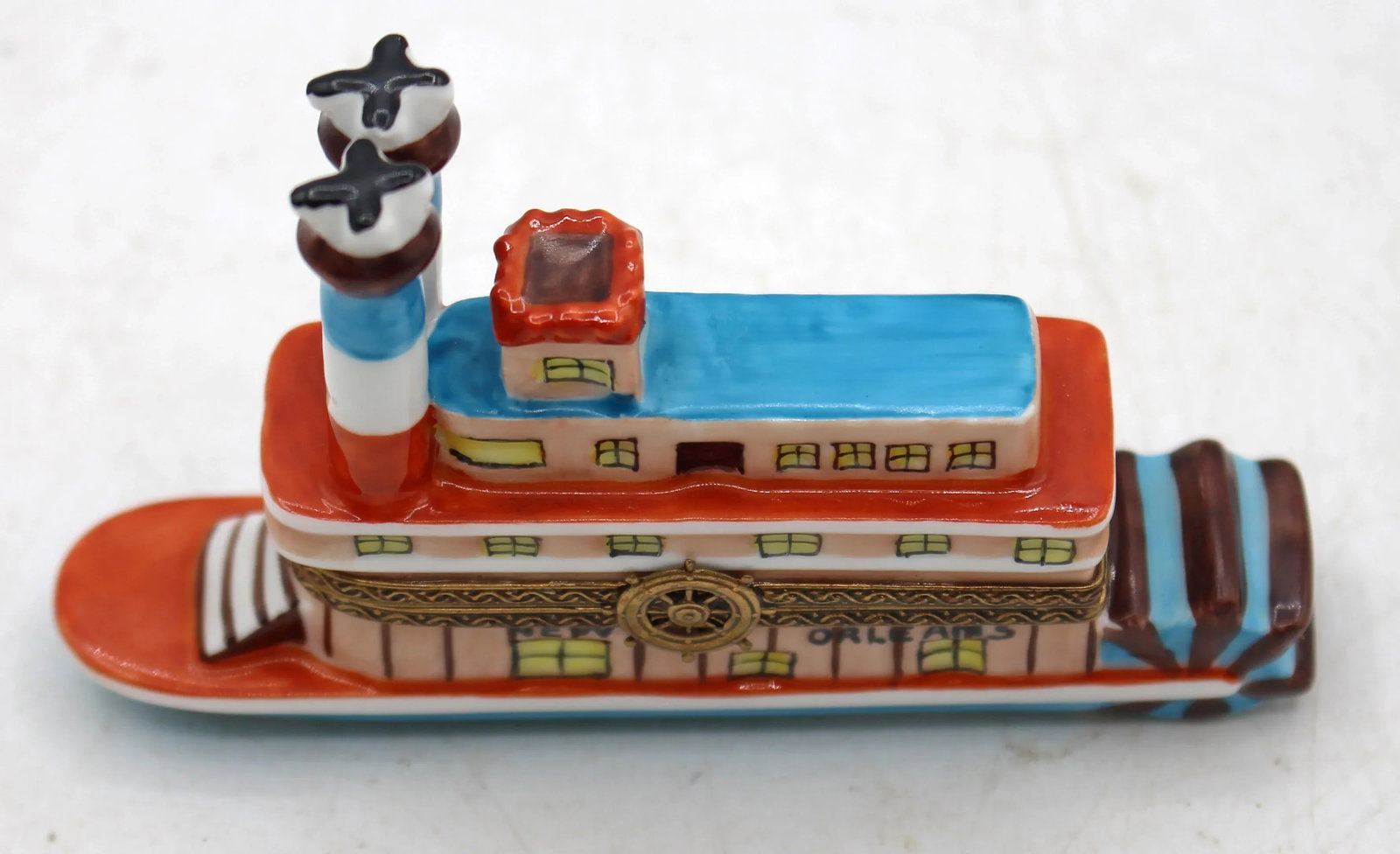 Vintage French Limoges Porcelain New Orleans Steamboat Form Trinket Box - 3