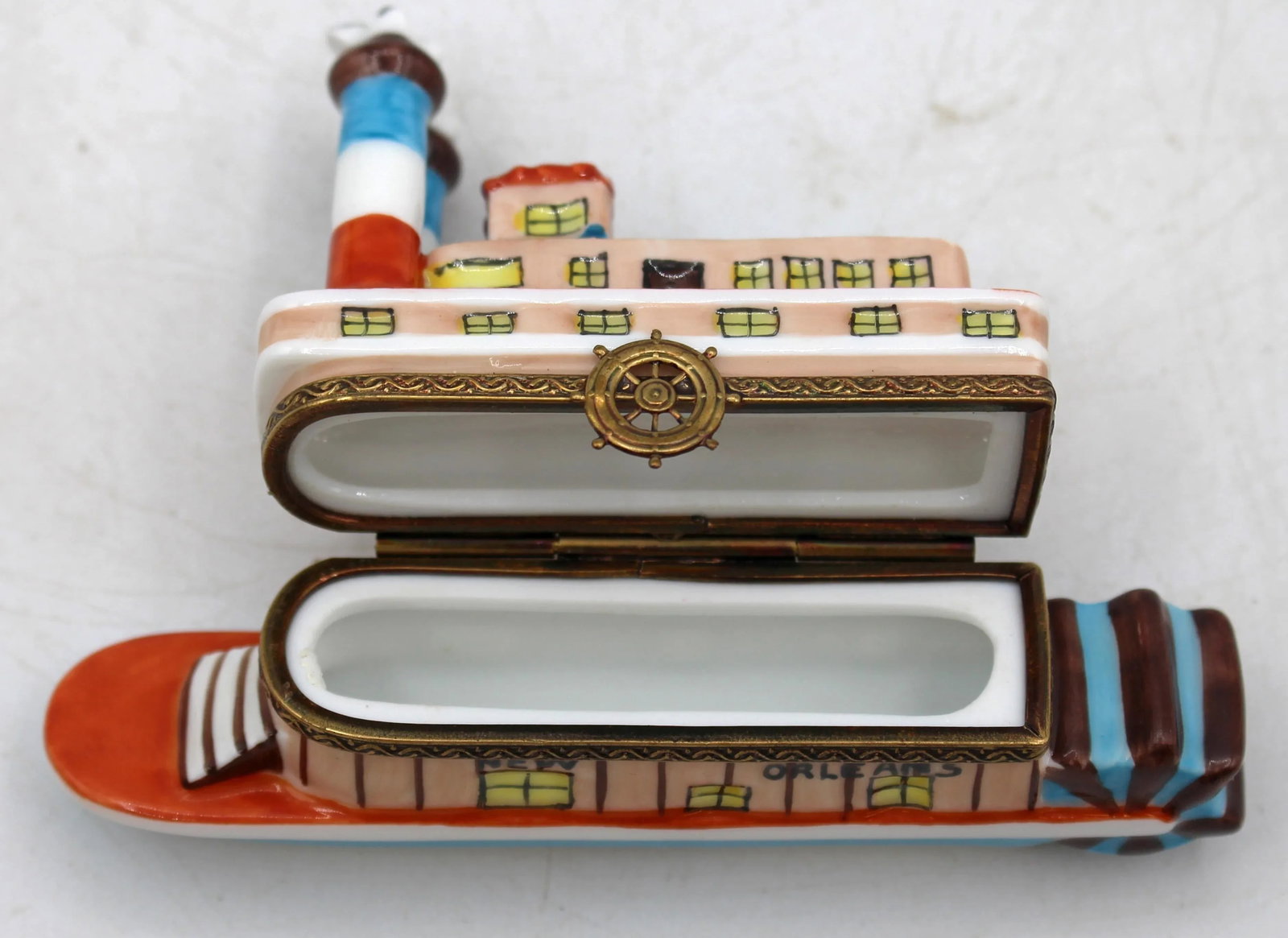 Vintage French Limoges Porcelain New Orleans Steamboat Form Trinket Box - 6
