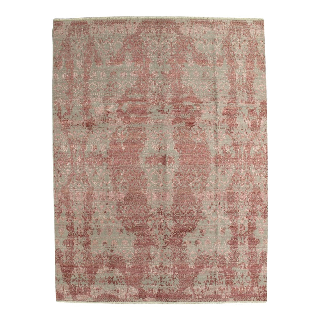 1980s Hand-Knotted Persian-Style Contemporary Rug 9'1" X 12'2": Hand-knotted Indo Persian-Style contemporary wool and silk rug with a muted gray field and soft red overdyed pattern, featuring a distressed allover design with subtle geometric and floral elements. S