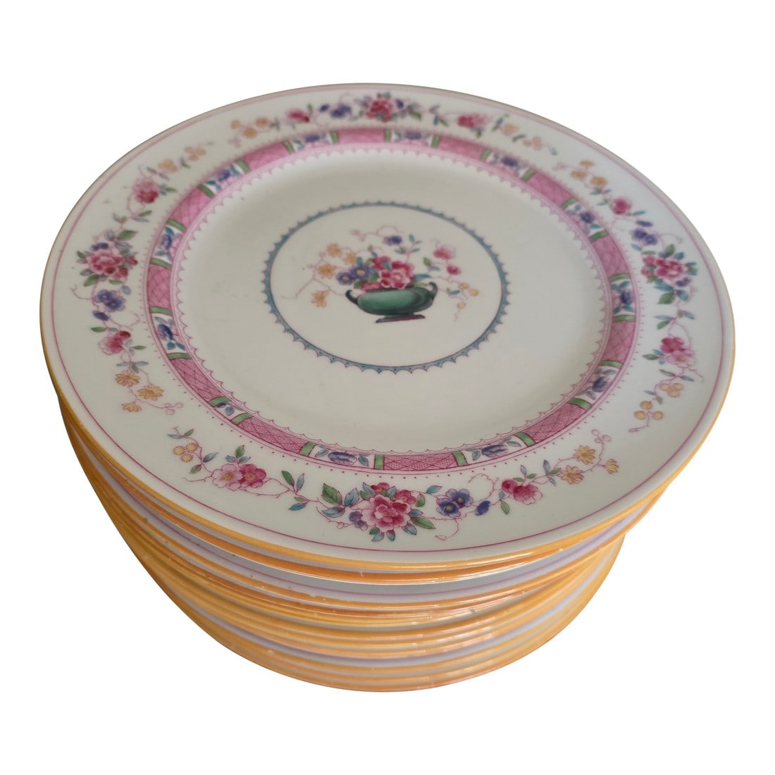 Royal Doulton Urn Pattern Dinner Plates Set of Fifteen: Set of 15 royal Doulton Urn Pattern Plates..these have a saffron colored detail around the outer edge perimeter which has minor flaws on a few. You see it mostly when the Plates are stacked. These
