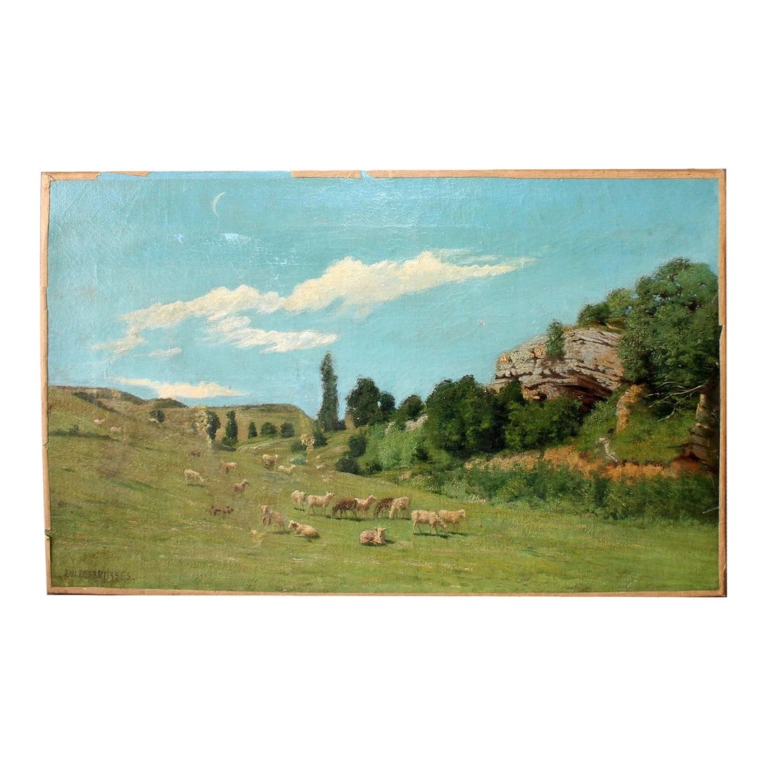French Oil Painting Pastoral Landscape With Grazing Sheep, 19th Century (Signed): A charming 19th century French oil painting depicting a serene pastoral landscape, beautifully capturing the quiet rhythm of rural life. Signed by Jean Desbrosses (1835-1906)The composition opens