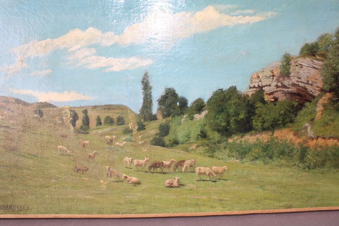 French Oil Painting Pastoral Landscape With Grazing Sheep, 19th Century (Signed) - 2