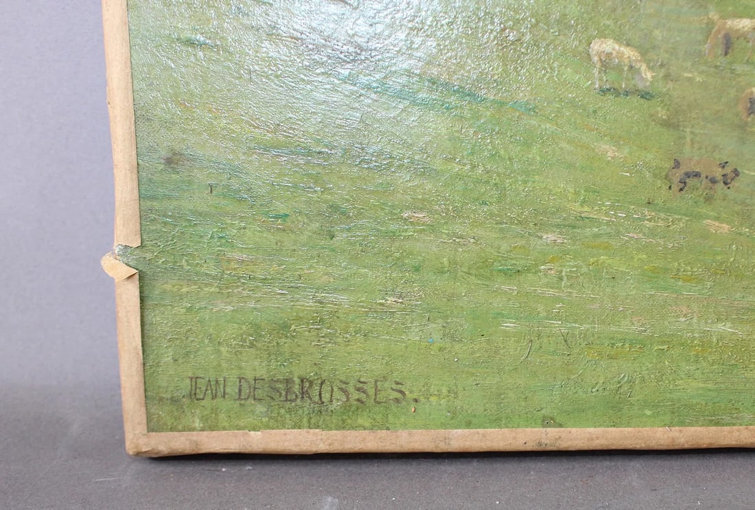 French Oil Painting Pastoral Landscape With Grazing Sheep, 19th Century (Signed) - 3